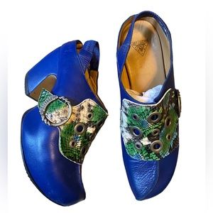 John Fluevog Royal Blue/ Reptile Prepare Platform sling back heel. With Box